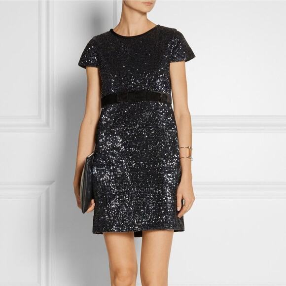 MAJE Ketsia Midnight Blue Sequined Tulle Dress Velvet Bow Small - Picture 1 of 7